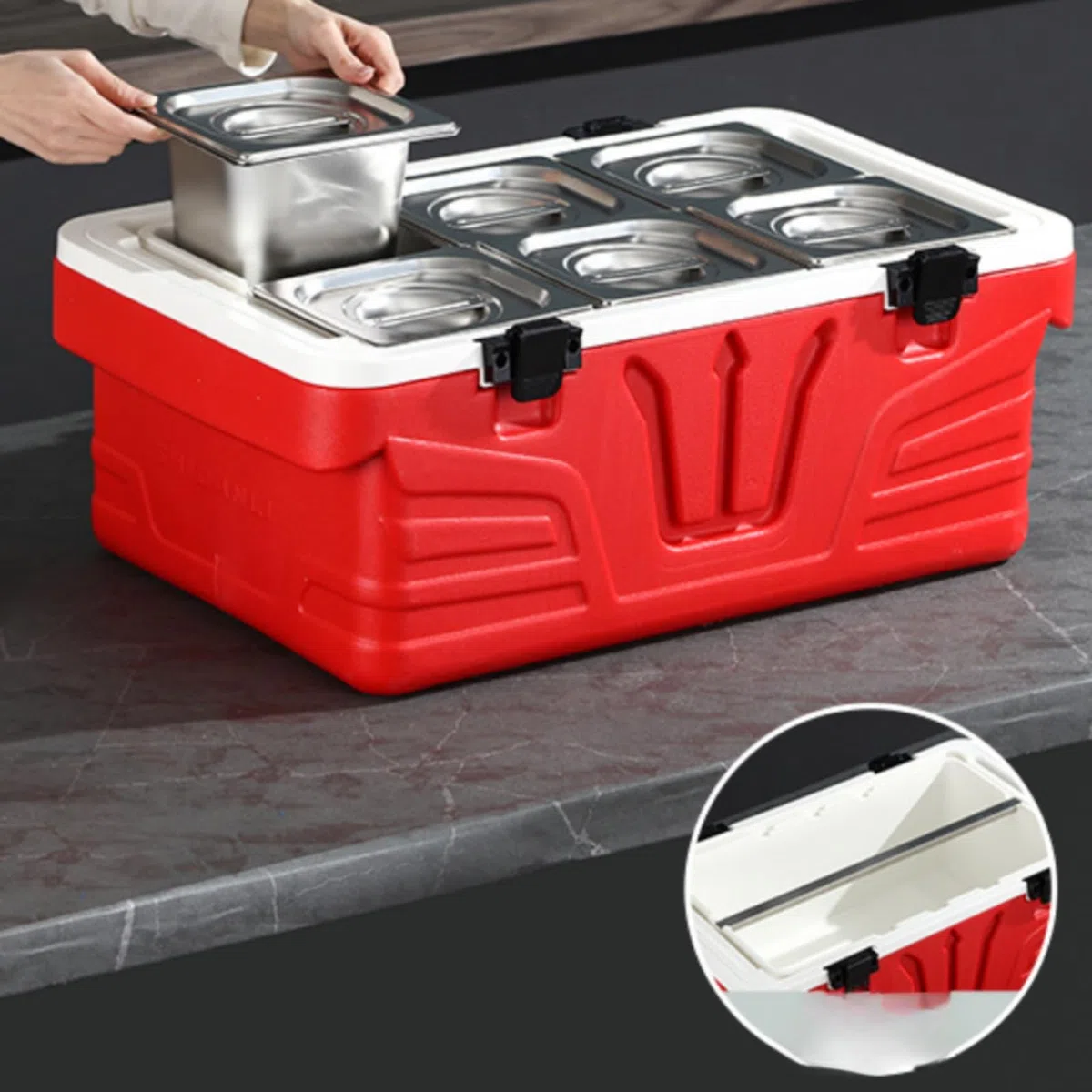 Caja Transporte Alimentos con Compartimentos Térmico Contenedor Almuerzo con Divisores Aislado Recipiente para Alimentos, 28L, PP+PU+201 Acero Inoxidable, Dos Compartimentos