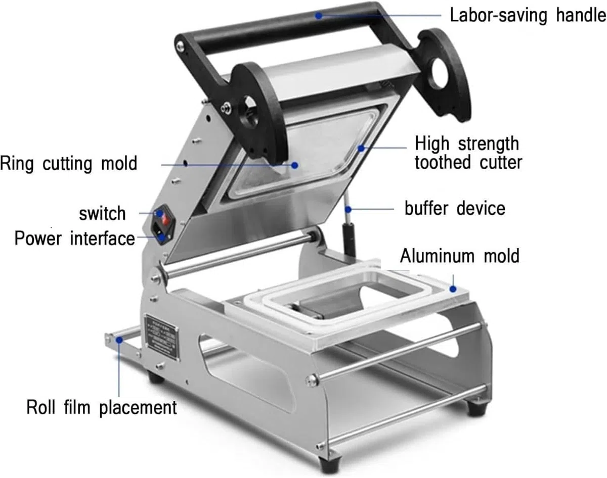 Máquina de sellado térmico, sellador de bandejas manual a presión para envasar alimentos cocinados, verduras, mariscos y sándwiches, 7-8 sellos por minuto, 180 mm x 120 mm