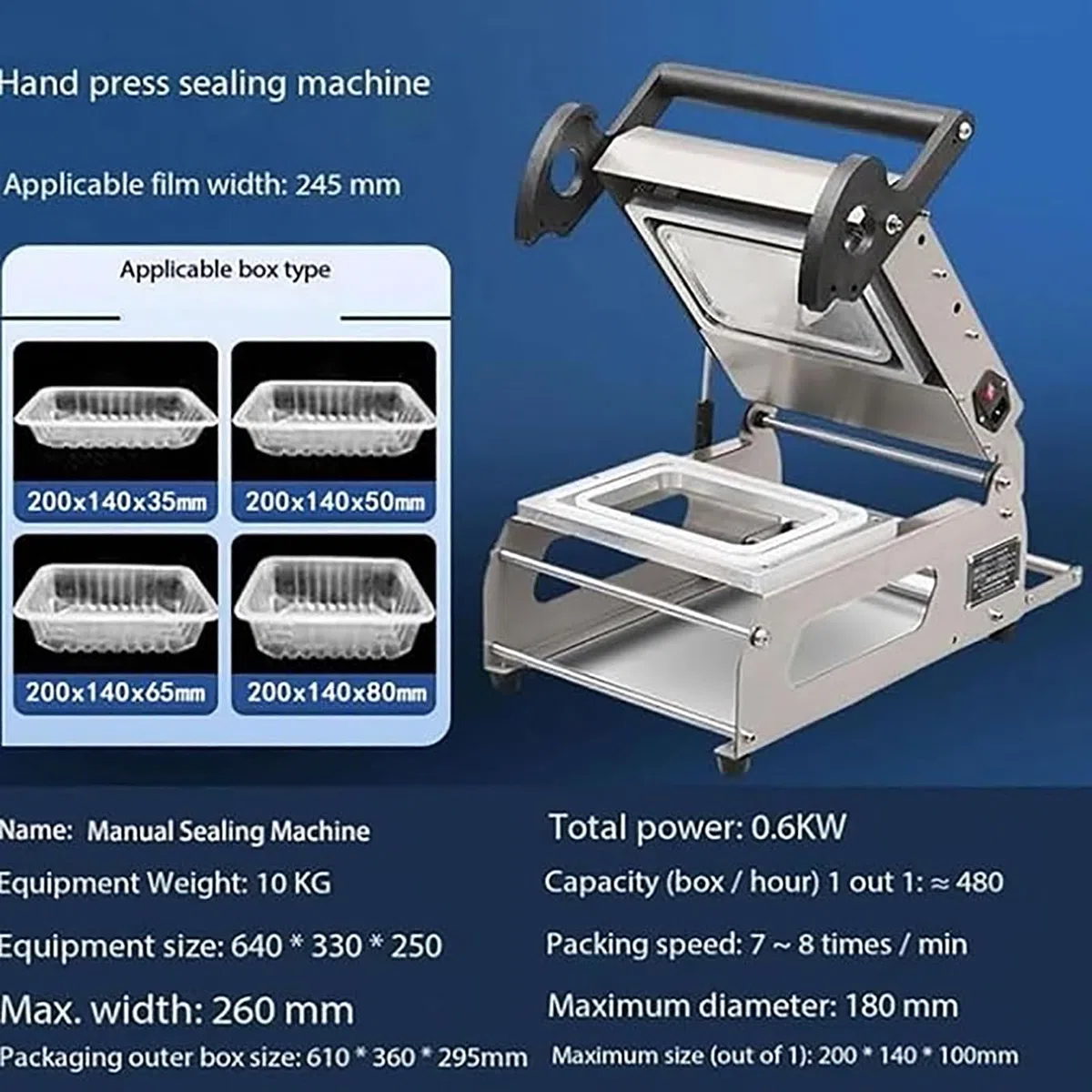 Máquina envasadora de sellado de alimentos, sellador térmico de bandeja manual, máquina selladora de cajas for llevar a presión manual for verduras, frutas, carne y pescado(245mm)
