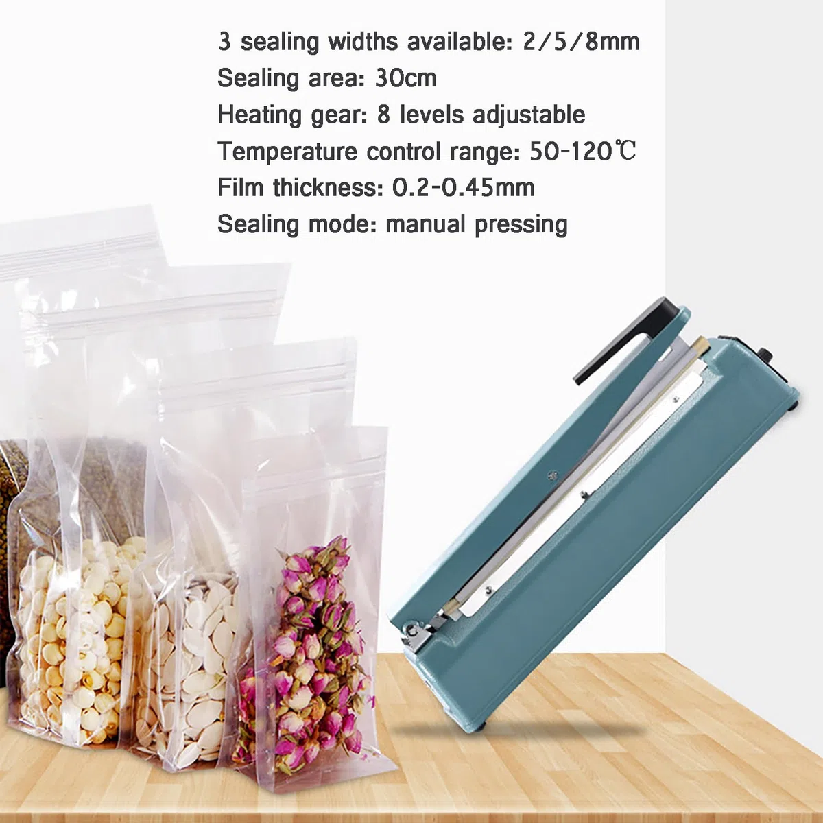 Sellador Térmico por Impulso, Máquina Selladora Portátil De 2/5/8 Mm, Longitud De Sellado 30 Cm/Rango De Control De Temperatura: 50-120 ℃, para Envasar Alimentos