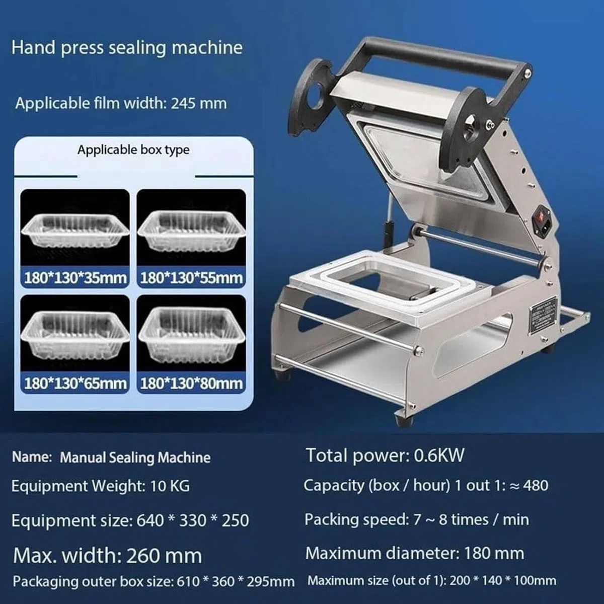 Máquina de sellado térmico, sellador de bandejas manual a presión para envasar alimentos cocinados, verduras, mariscos y sándwiches, 7-8 sellos por minuto, 180 mm x 120 mm